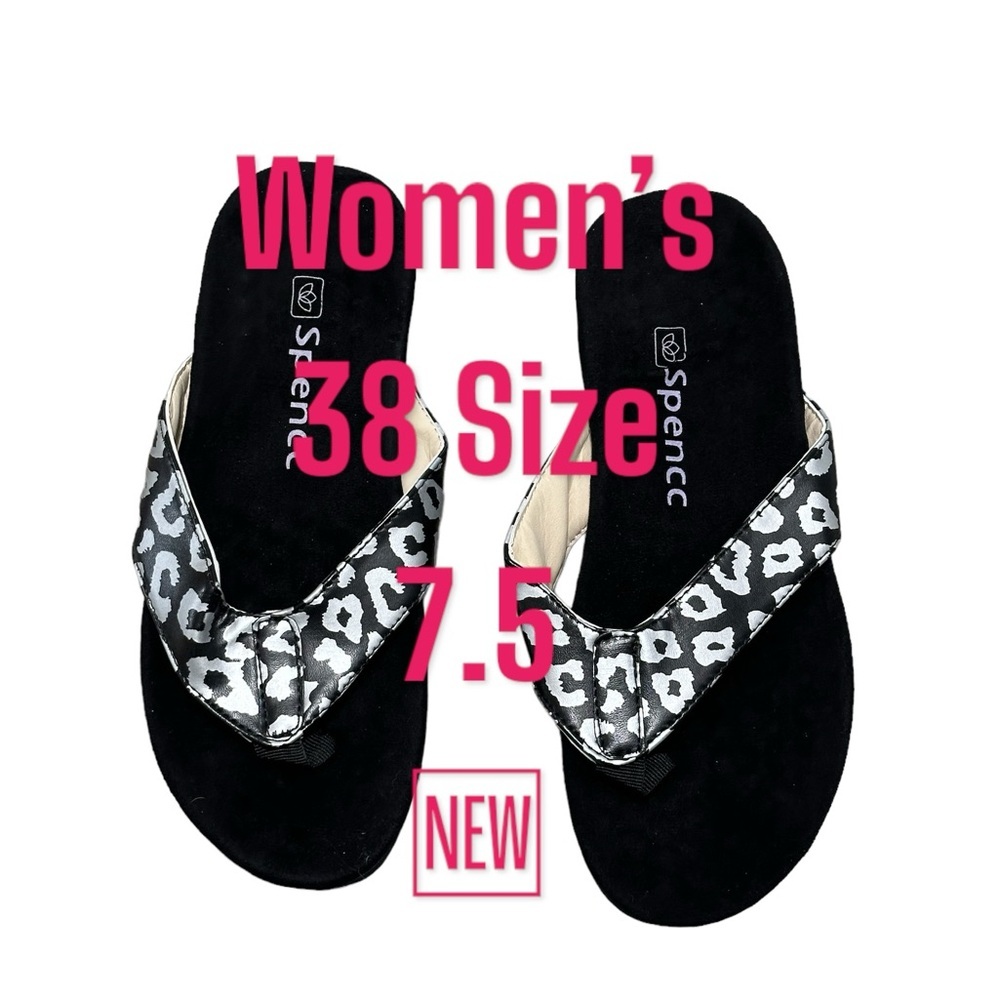 Spenco Flip Flop Womens 38 Size 7.5 Cheetah print Sandal Comfort Black Flat NWOT - Picture 2 of 6